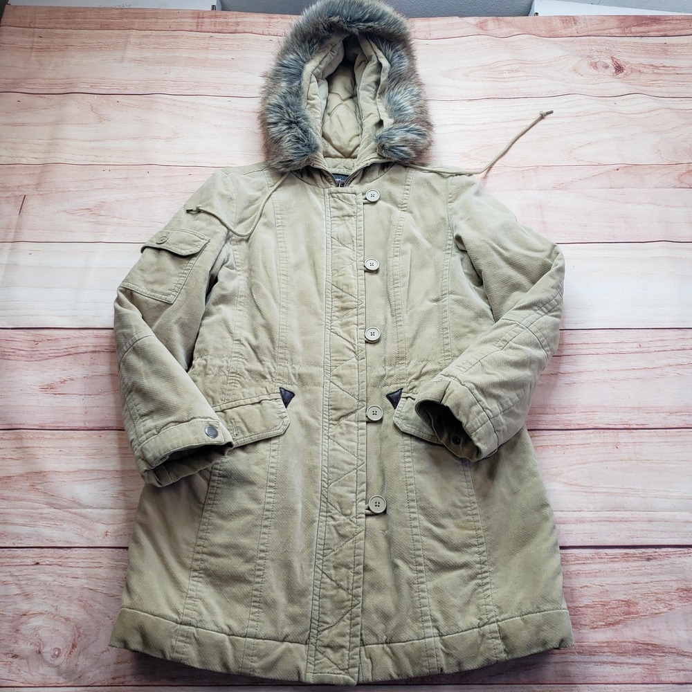 Bossini Coat Womens S Beige Hooded Fur Trim Parka Lined Button Mid-Length